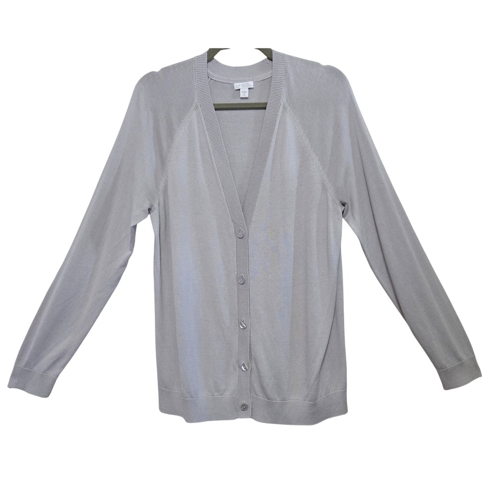 J. Jill Classic Preppy Cotton Cardigan Sweater Gray V-Neck Button Front Tall M